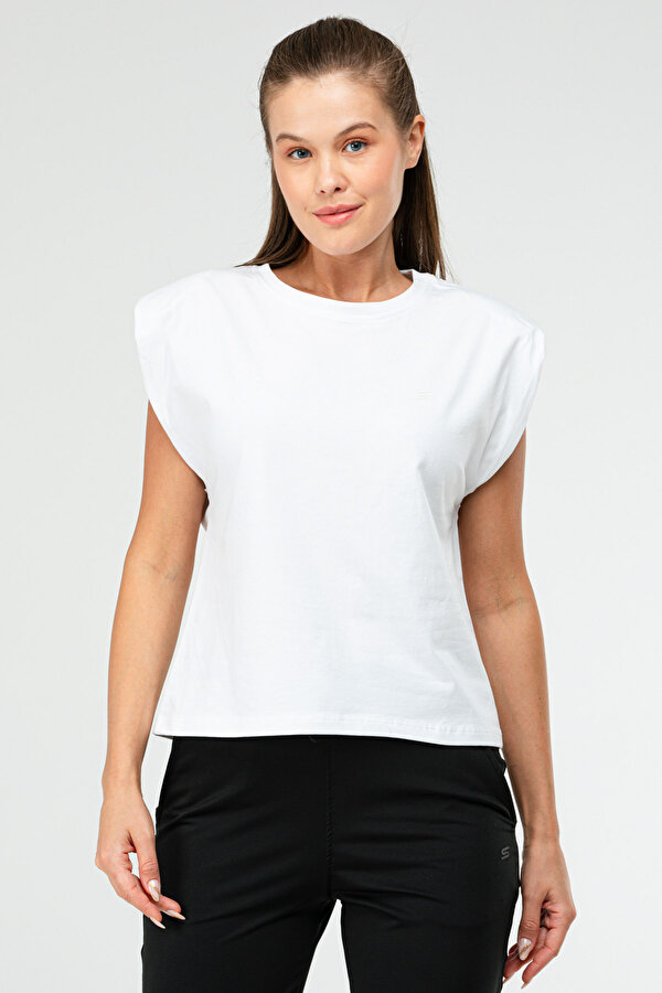 Beyaz Oversize Basic 100% Pamuk Bisiklet Yaka Kolsuz Vatkalı Kadın Tişört SF0758
