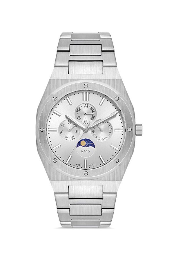 RMS.1.AG1573.01 Tüm Fonksiyonları Aktif Kristal Camlı Gün Ay ve Takvim Göstergeli 5 ATM Suya Dayanıklı Çelik Kordon Metalik Renk Erkek Kol Saati