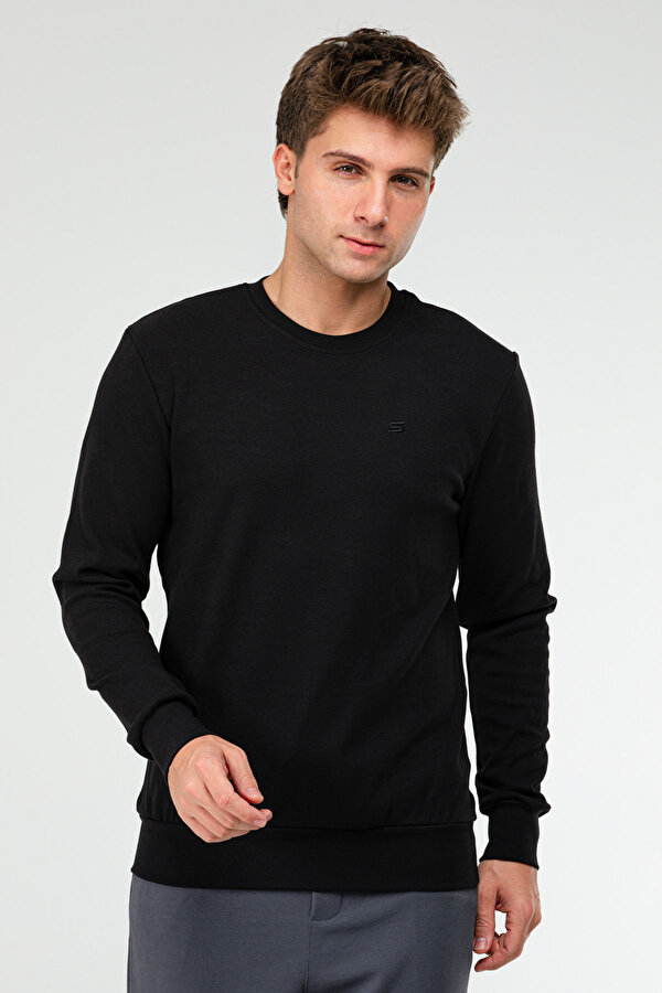 Siyah Regular Pamuklu O Yaka Basic Erkek Sweatshirt xc2381
