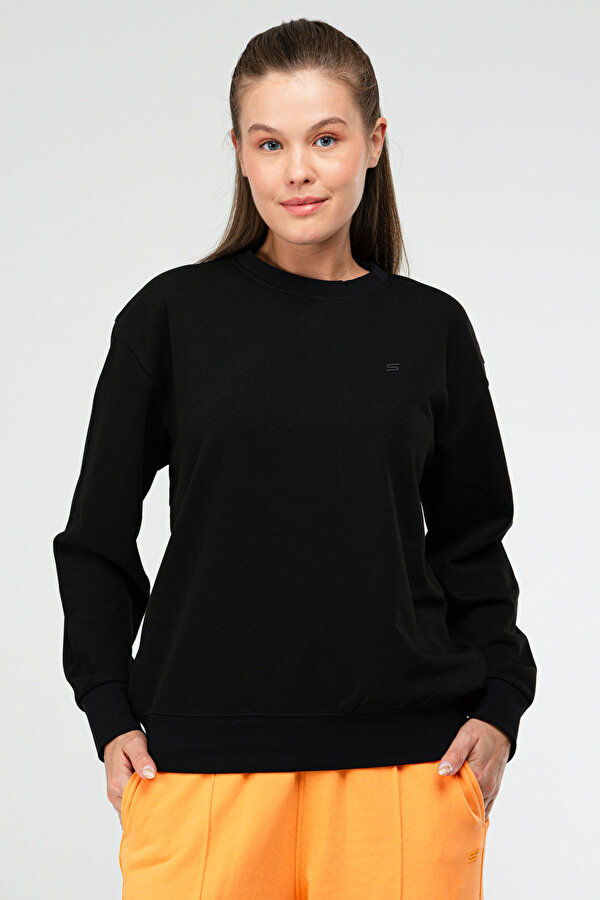 Siyah Oversize Basic Pamuklu Bisiklet Yaka Uzun Kol Kadın Sweatshirt SC1241