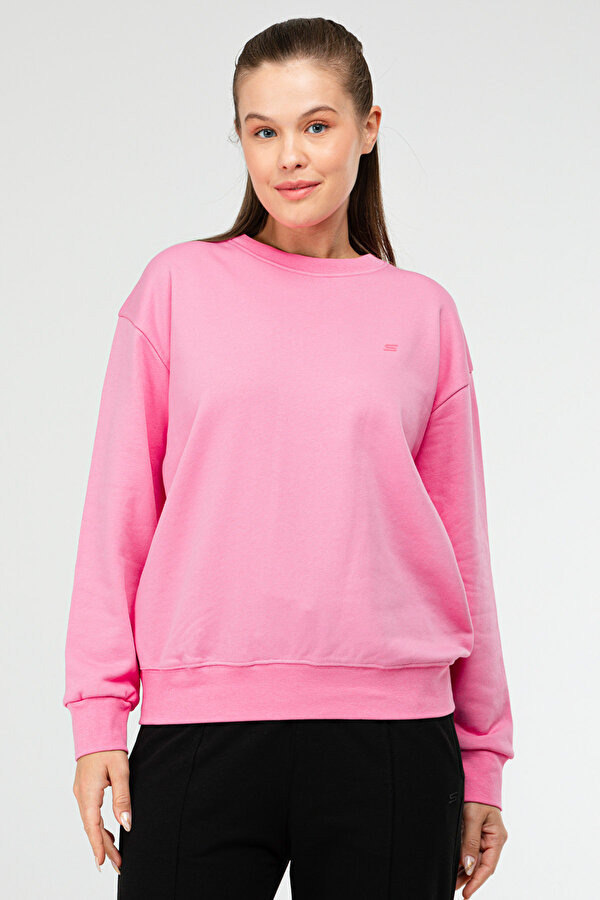 Pembe Oversize Basic Pamuklu Bisiklet Yaka Uzun Kol Kadın Sweatshirt SC1241