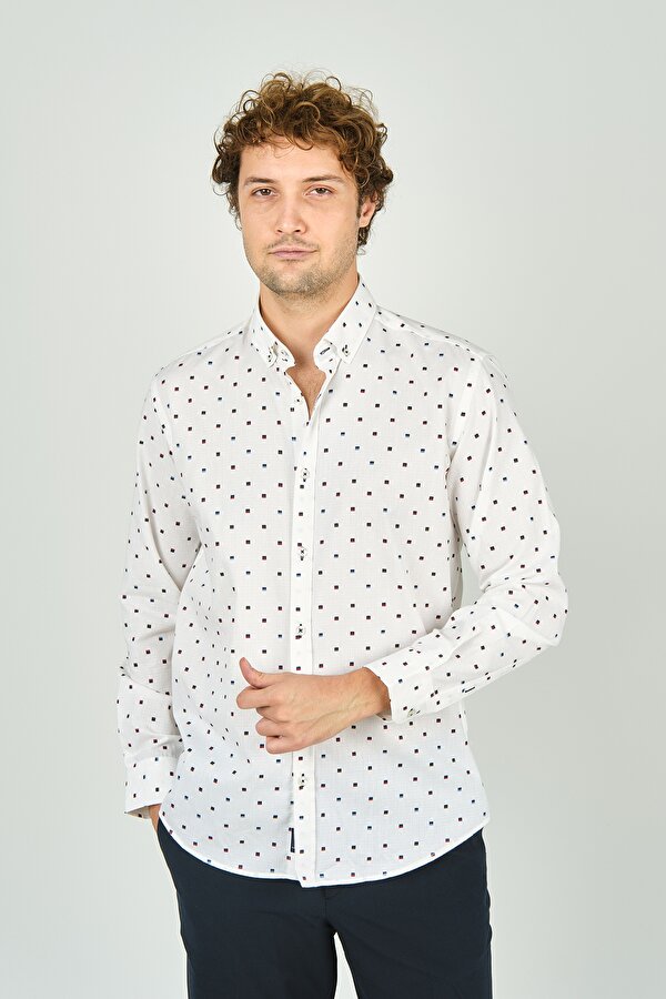 Erkek Slim Fit Desenli Uzun Kol %100 Pamuk Gömlek 2041 Ekru