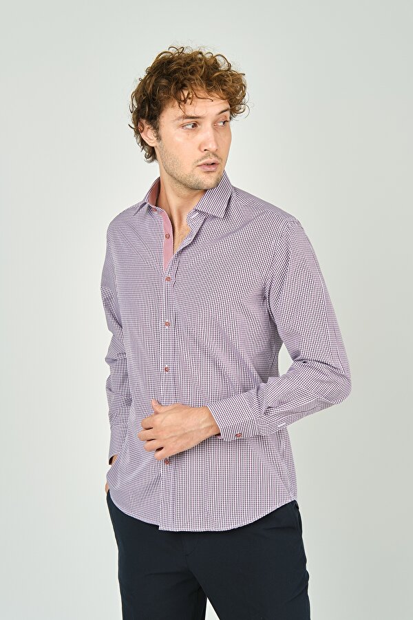 Erkek Slim Fit Ekoseli Uzun Kollu %100 Pamuk Gömlek 2060 Bordo