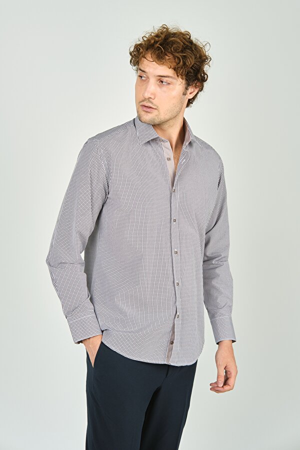 Erkek Slim Fit Ekoseli Uzun Kollu %100 Pamuk Gömlek 2060 Kahverengi