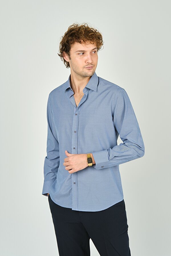 Erkek Slim Fit Ekoseli Uzun Kollu %100 Pamuk Gömlek 2062 Mavi