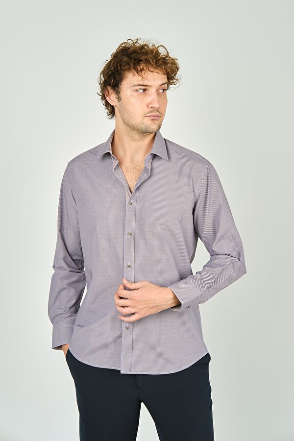Erkek Slim Fit Ekoseli Uzun Kollu %100 Pamuk Gömlek 2062 Kahverengi