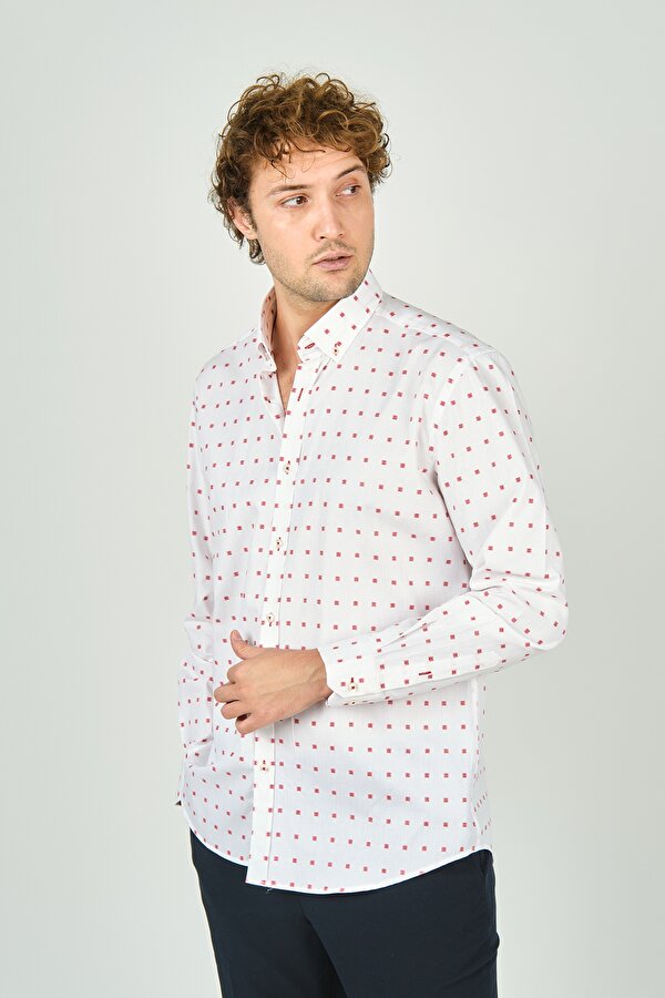 Erkek Slim Fit Uzun Kollu Desenli %100 Pamuk Gömlek 2043 Kırmızı