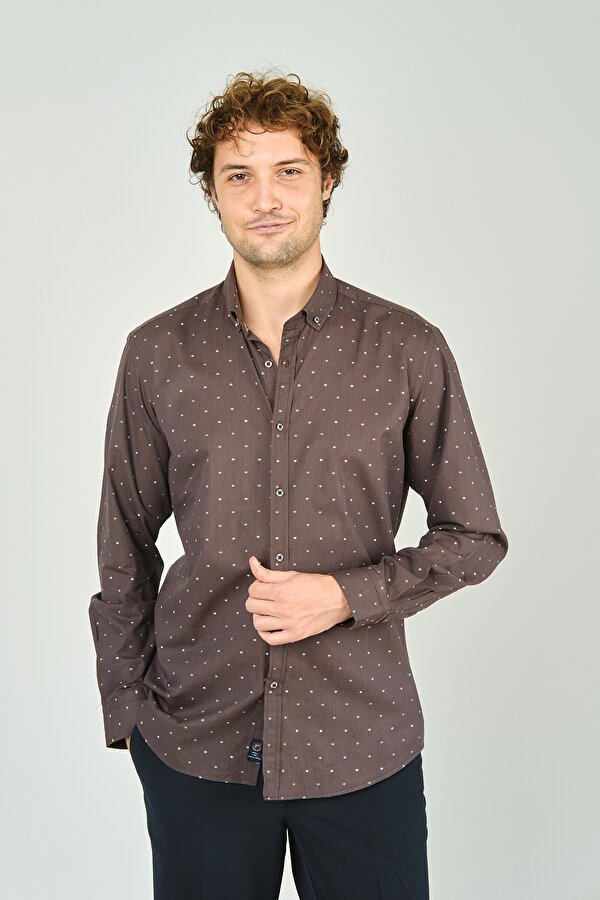 Erkek Slim Fit Desenli Uzun Kollu %100 Pamuk Gömlek 2045 Kahverengi