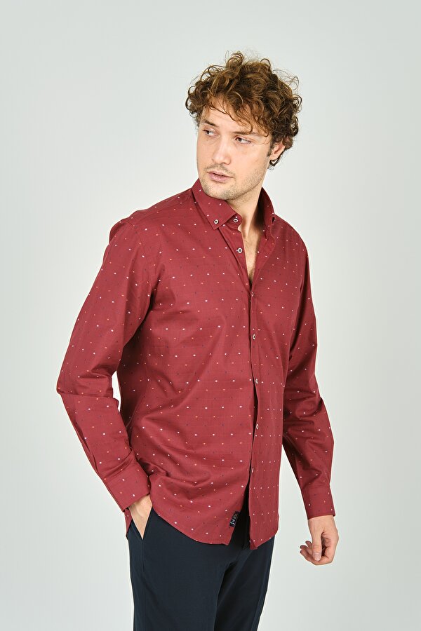 Erkek Slim Fit Desenli Uzun Kollu %100 Pamuk Gömlek 2045 Kırmızı