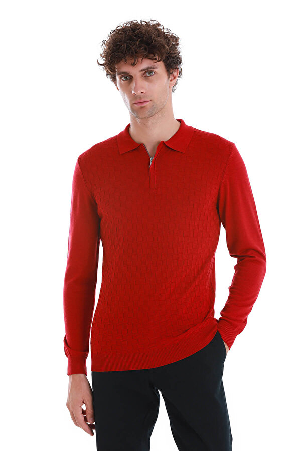Kırmızı Regular Fit Jakarlı Polo Yaka Yünlü Triko Kazak