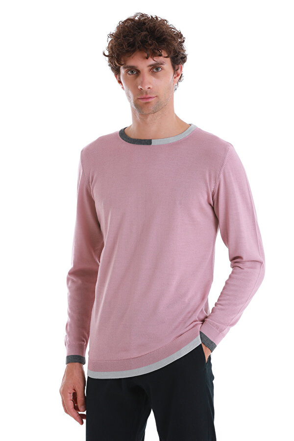 Pembe Regular Fit Düz Bisiklet Yaka Yünlü Triko Kazak