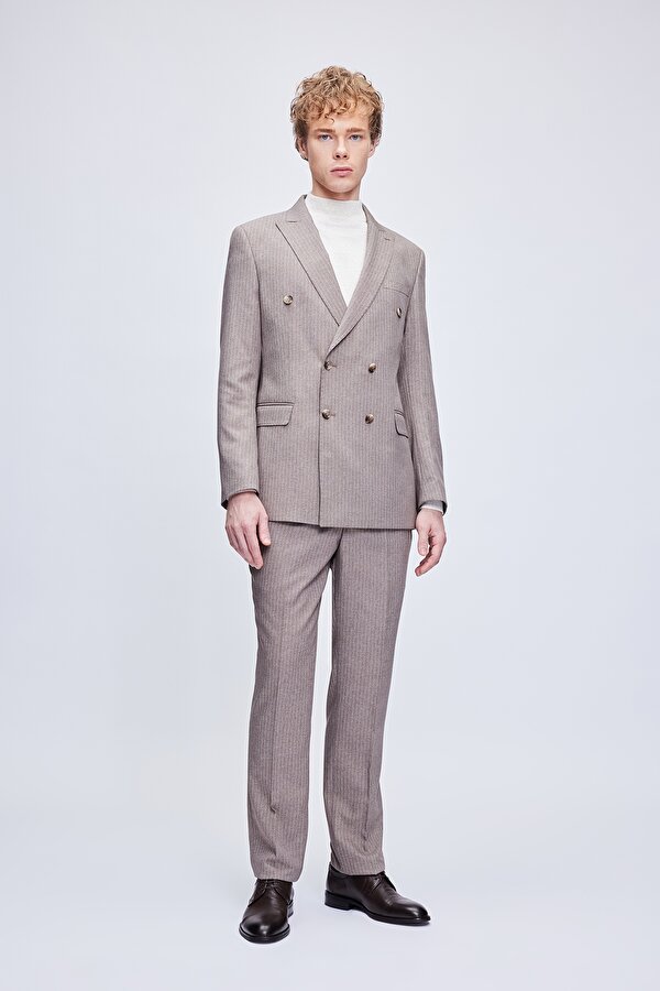 Kahverengi Slim Fit Çizgili Kruvaze Klasik Takım Elbise
