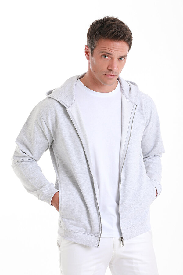 Gri Regular Fit Düz Pamuklu Fermuarlı Sweatshirt