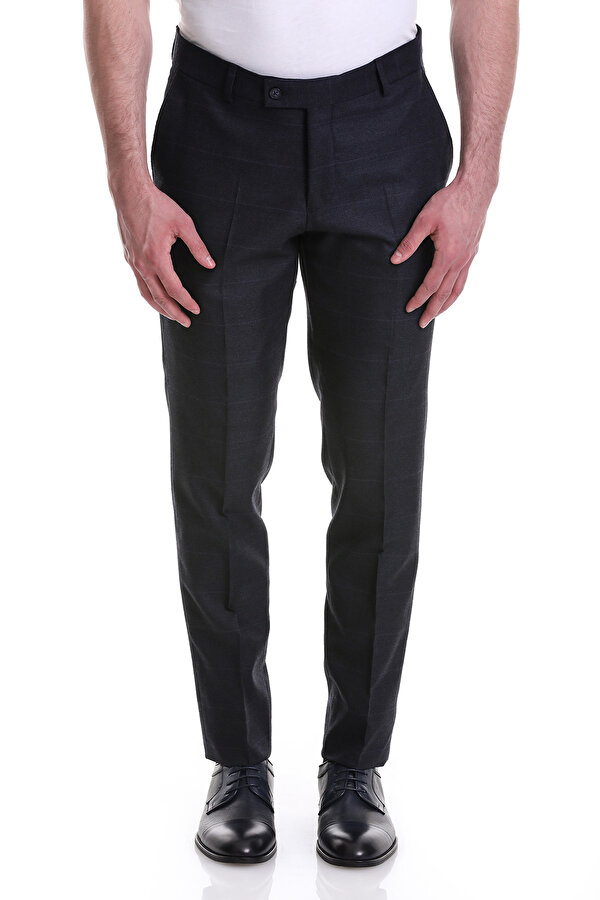Lacivert Slim Fit Yandan Cepli Kareli Flanel Kumaş Pantolon