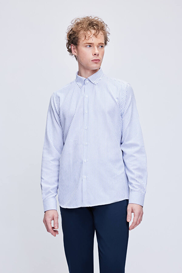 Mavi Comfort Fit Çizgili  Pamuklu Düğmeli Yaka Uzun Kollu Casual Gömlek 24D19ETC0001_65