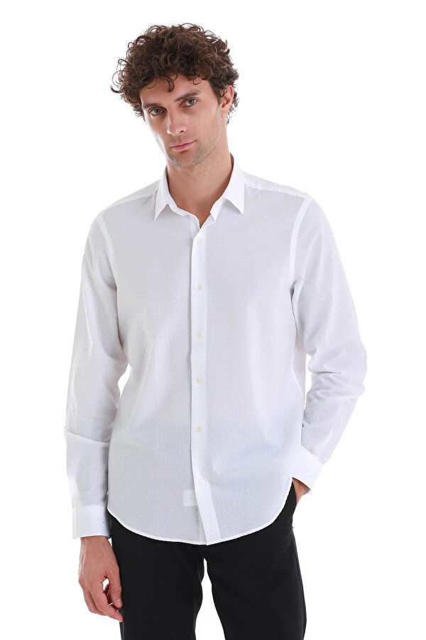 Beyaz Comfort Fit Düz 100% Pamuk Slim Yaka Uzun Kollu Spor Gömlek