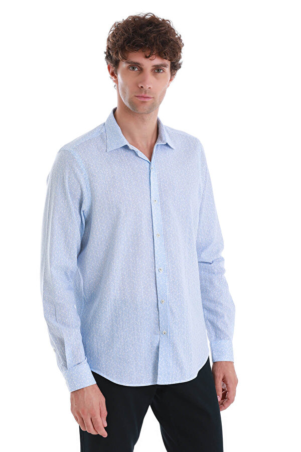 Mavi Comfort Fit Baskılı Slim Yaka Uzun Kollu Spor Gömlek