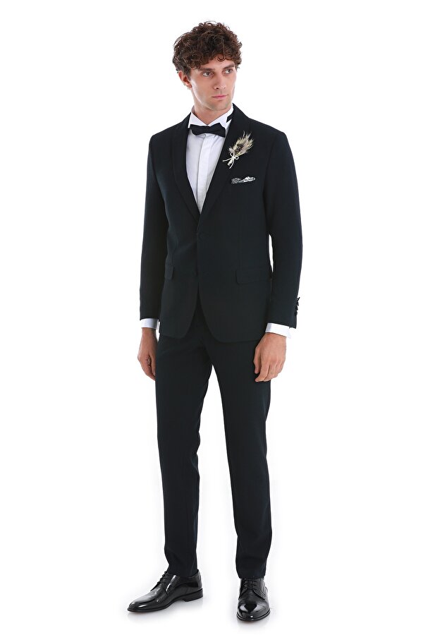 Lacivert Slim Fit Düz Çıkma Şal Yaka Damatlık