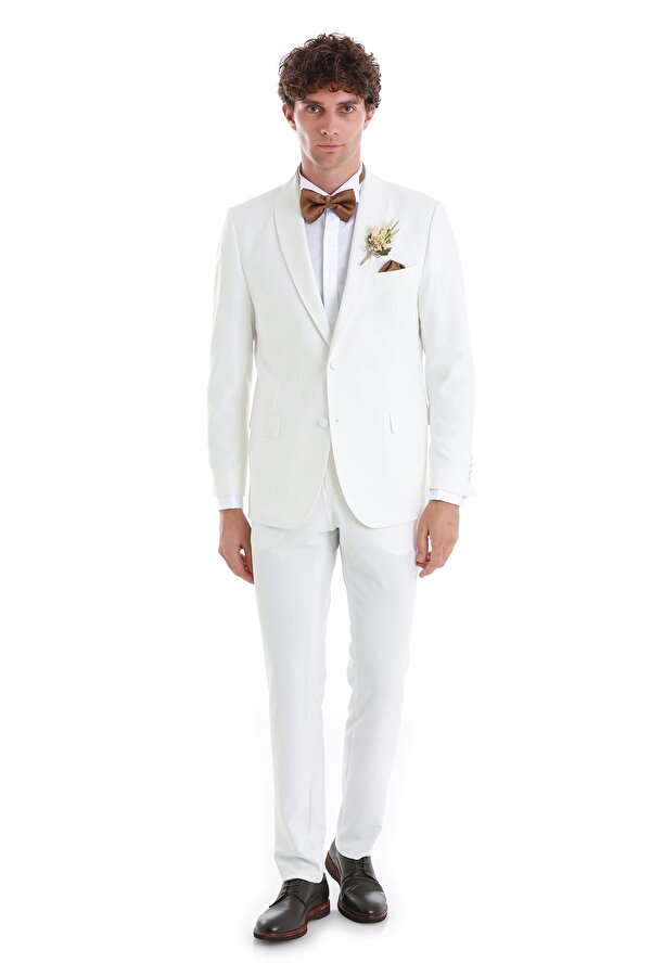 Beyaz Slim Fit Düz Çıkma Şal Yaka Damatlık
