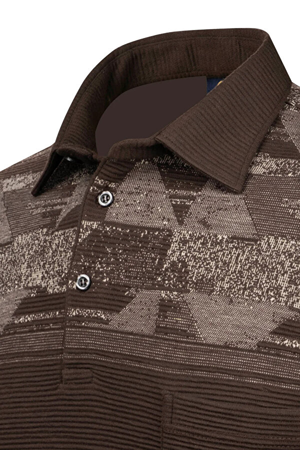 Erkek Uzun Kollu Desenli Gömlek Yaka Kol Manşetli Cepli Sweat 5026 Kahverengi