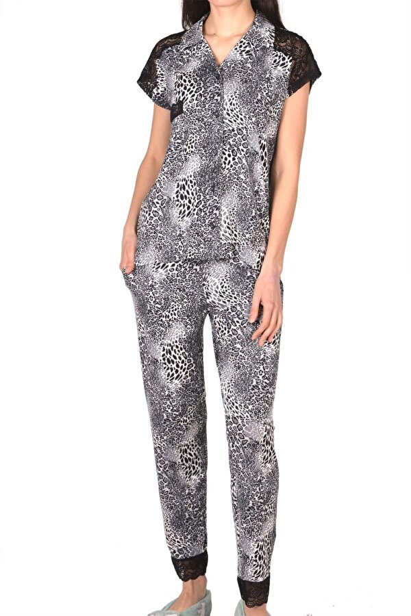 Kadın Pijama Takımı Kısa Kollu Düğmeli Pamuk Likralı Gri