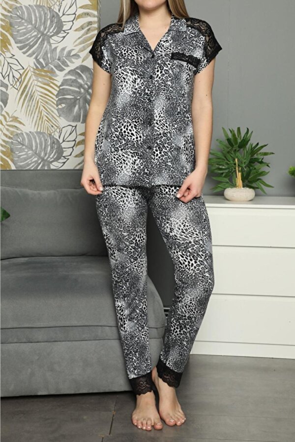 Kadın Pijama Takımı Kısa Kollu Düğmeli Pamuk Likralı Gri