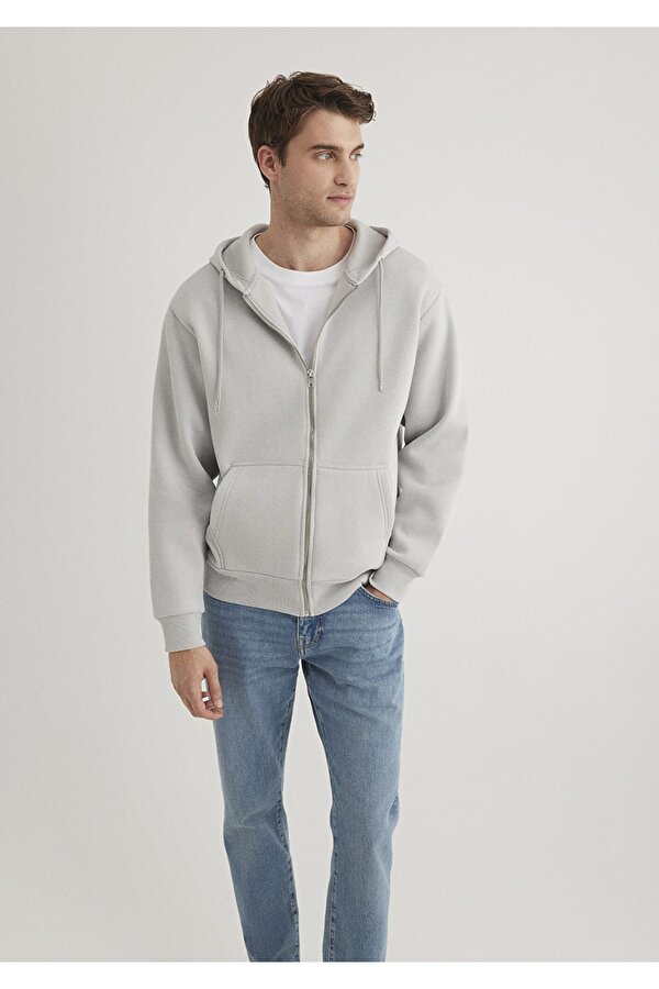 Kapüşonlu Fermuarlı Gri Basic Sweatshirt