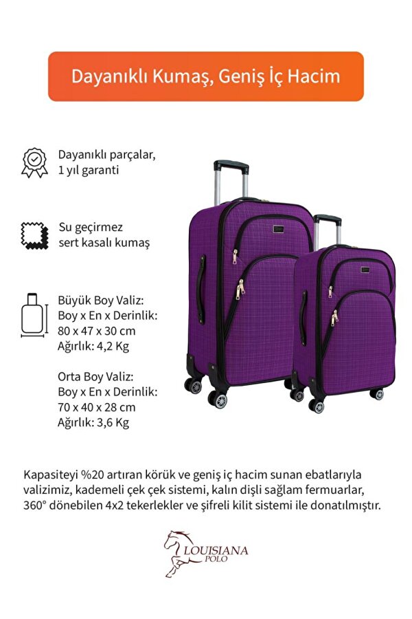 Büyük ve Orta Boy Valiz Seti 4 Teker Kumaş Valiz Mor 1081