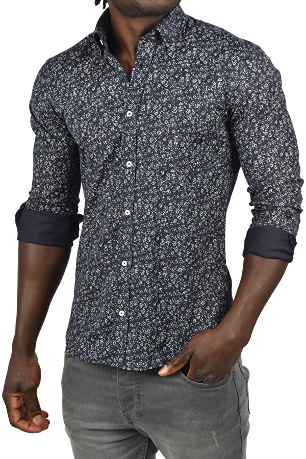 DeepSEA Erkek Lacivert Desenli Slim Fit Likralı Uzun Kollu Gömlek 2404400