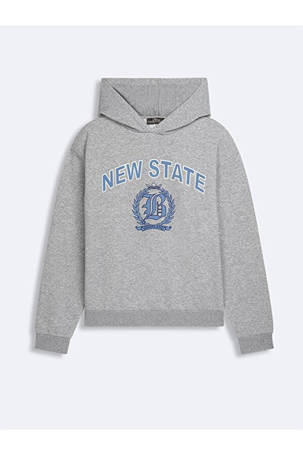 Baskılı Kapüşonlu Fermuarsız Regular Fit Gri Sweatshırt
