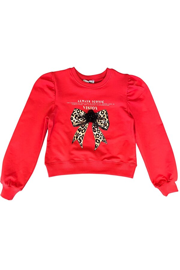 Kız Çocuk Leopar Çiçek Aksesuarlı Sweatshirt