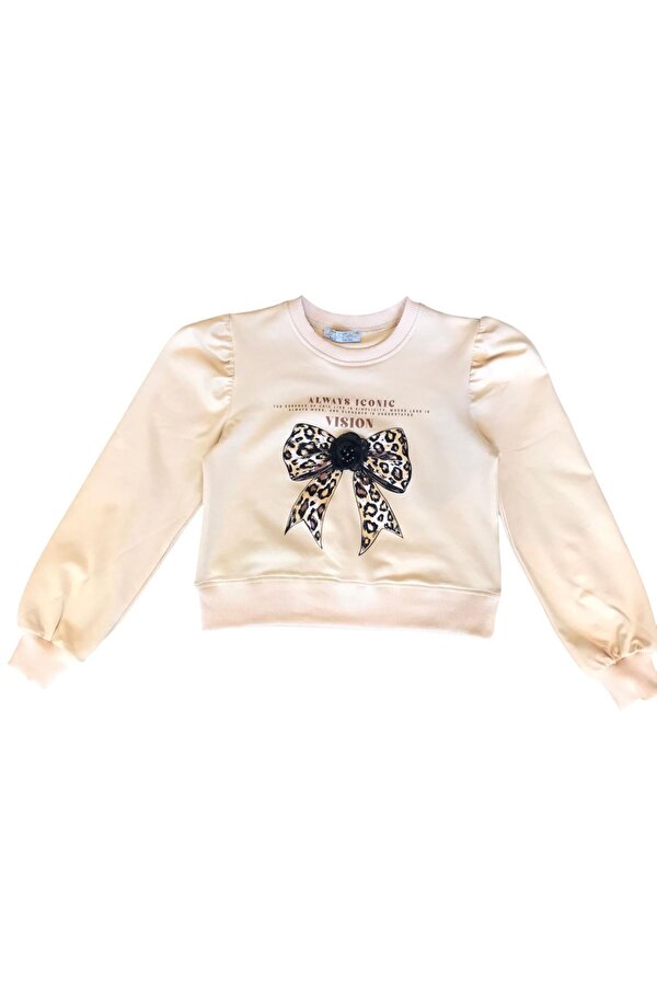 Kız Çocuk Leopar Çiçek Aksesuarlı Sweatshirt