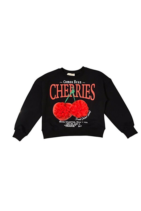 Kız Çocuk Kiraz Baskılı Tül Süslemeli Sweatshirt
