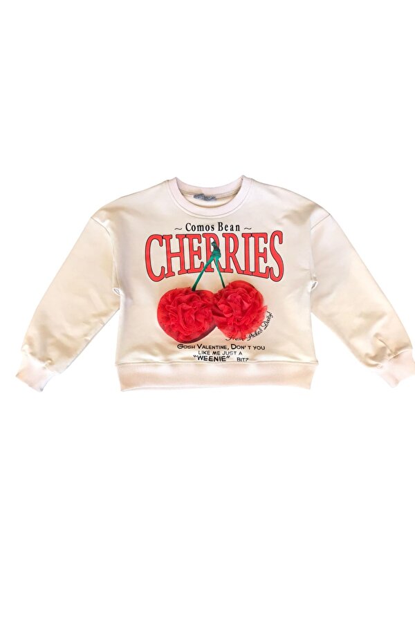 Kız Çocuk Kiraz Baskılı Tül Süslemeli Sweatshirt