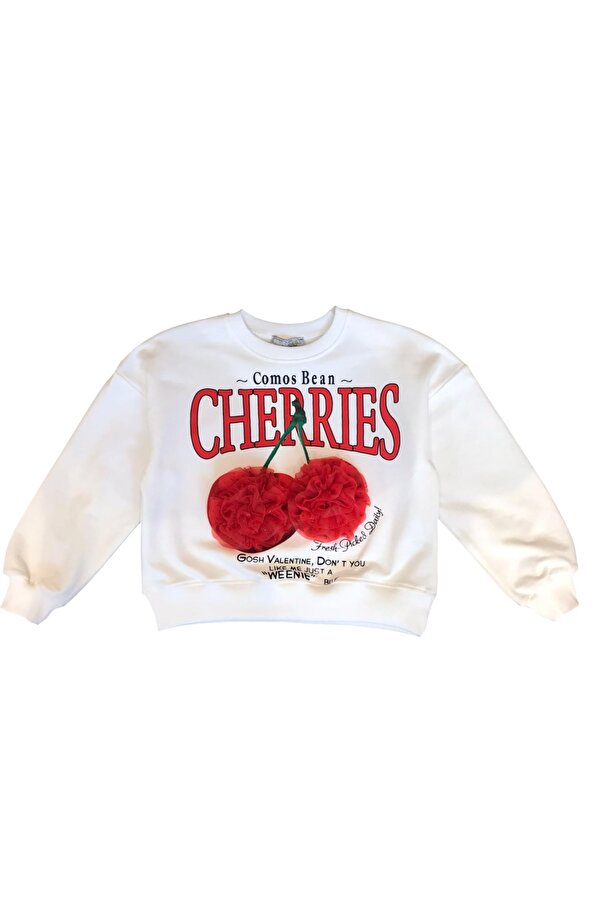 Kız Çocuk Kiraz Baskılı Tül Süslemeli Sweatshirt