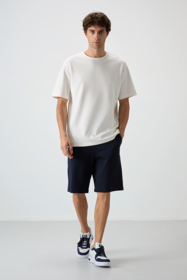 Eku - Lacivert Pamuklu Kalın Yumuşak Dokulu Oversize Fit Basic Erkek Şort Takım - 85249