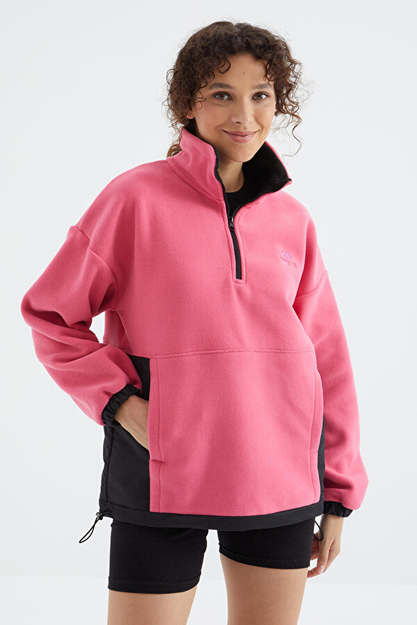 Şeker Pembe Yarım Fermuar Etek Ucu Büzgülü Dik Yaka  Oversize Kadın Polar Sweatshirt - 97236