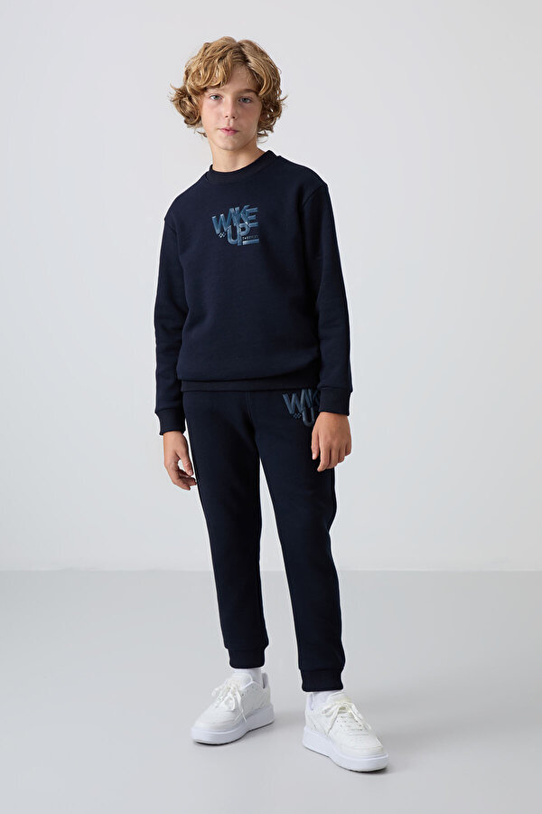 Lacivert Pamuklu Kalın İçi Tüylü Yumuşak Dokulu Standart Fit Baskılı Erkek Çocuk Eşofman Takım - 112