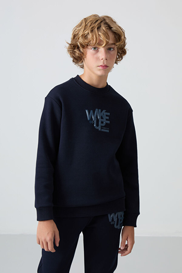 Lacivert Pamuklu Kalın İçi Tüylü Yumuşak Dokulu Standart Fit Baskılı Erkek Çocuk Eşofman Takım - 112