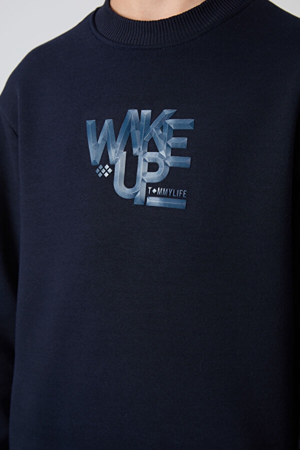 Lacivert Pamuklu Kalın İçi Tüylü Yumuşak Dokulu Standart Fit Baskılı Erkek Çocuk Eşofman Takım - 112