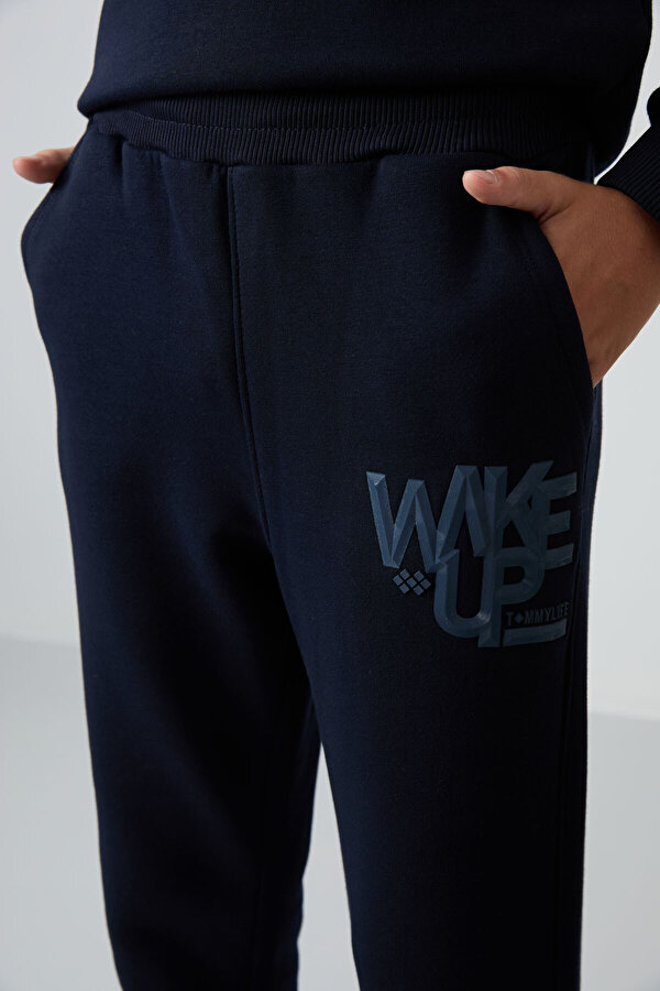 Lacivert Pamuklu Kalın İçi Tüylü Yumuşak Dokulu Standart Fit Baskılı Erkek Çocuk Eşofman Takım - 112