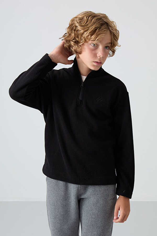Siyah Kalın Yumuşak Dokulu Standart Fit Nakışlı Polar Erkek Çocuk Sweatshirt - 11221