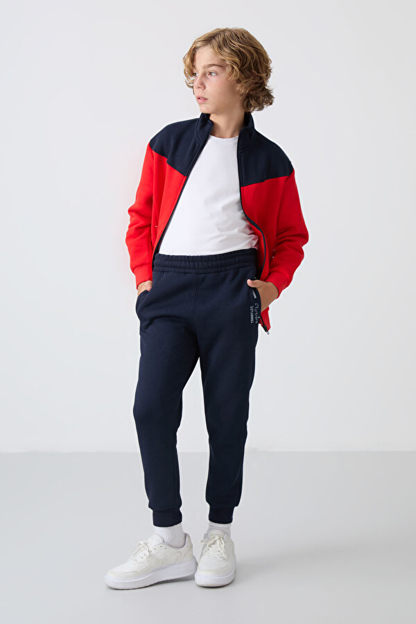 Fiesta-Lacivert Pamuklu Kalın İçi Tüylü Yumuşak Dokulu Standart Fit Nakışlı Erkek Çocuk Eşofman Takı