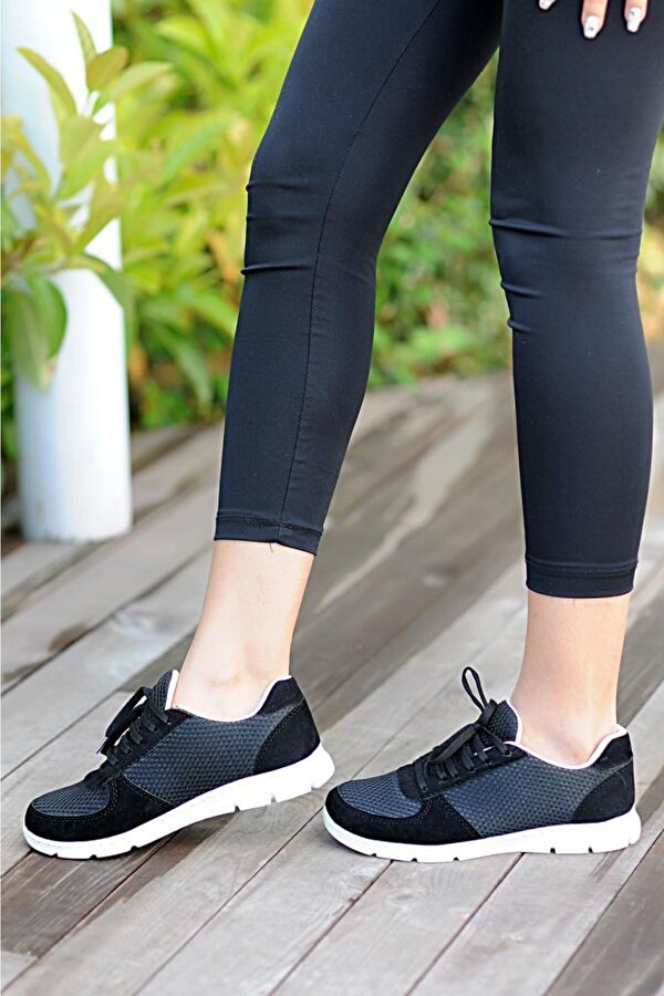 Fileli Bağcıklı Comfort Taban Kadın Sneaker A1971-20Siyah