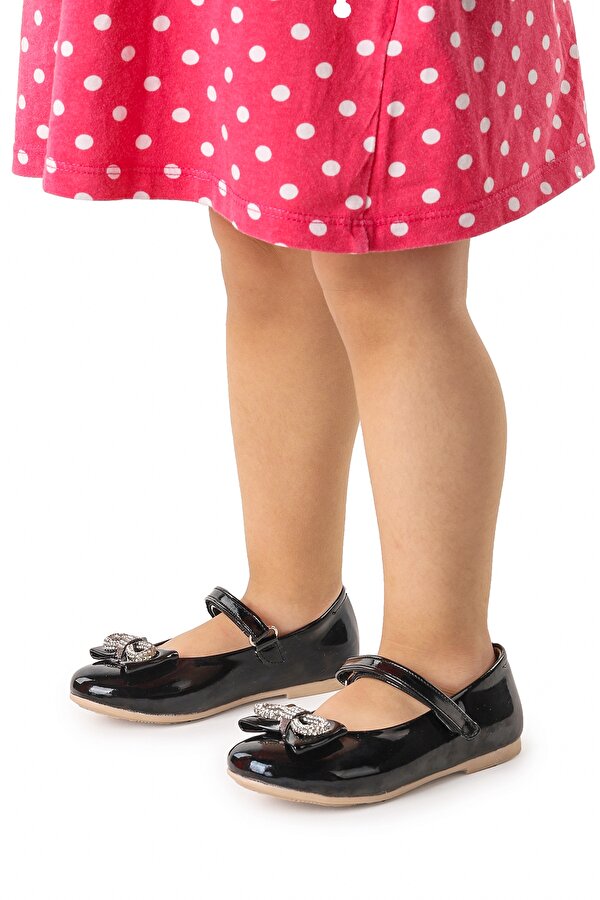 Bowtie Papyon Taşlı Cırtlı Kız Çocuk Babet Ayakkabı Siyah