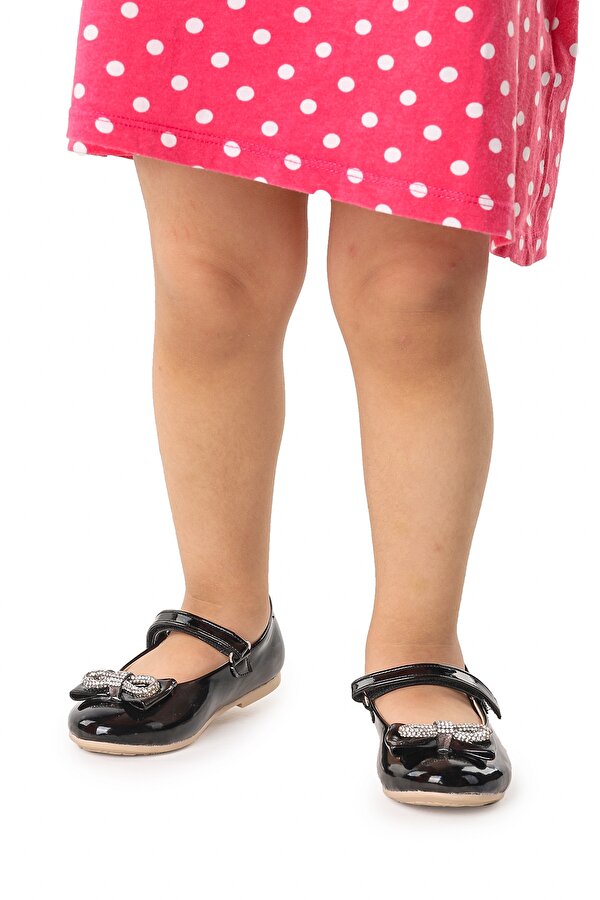 Bowtie Papyon Taşlı Cırtlı Kız Çocuk Babet Ayakkabı Siyah