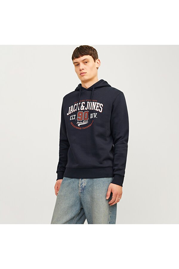 Jack&Jones Hood Logo 2 Col Erkek Lacivert Kapüşonlu Sweatshirt