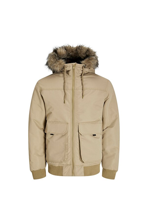 Jack&Jones Construct Faux Fur Bomber Erkek Bej Kapüşonlu Mont