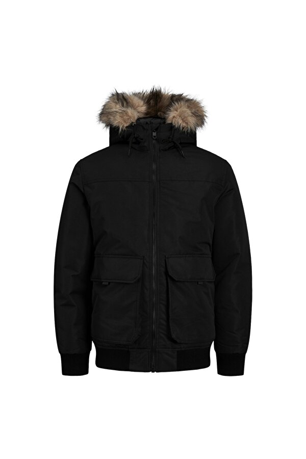 Jack&Jones Construct Faux Fur Bomber Erkek Siyah Kapüşonlu Mont
