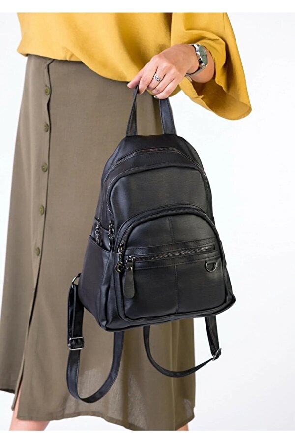 Tk-06 Kadın Sırt Çantası Yıkama Deri Günlük Çanta Çok Bölmeli Çanta SİYAH